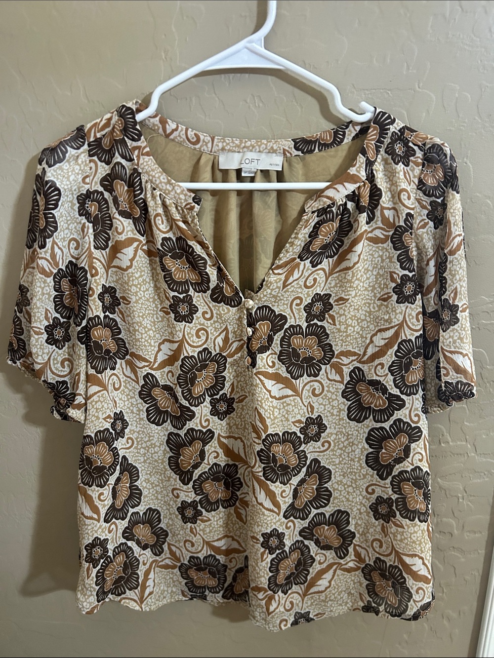 LOFT Cream, Beige and Brown Floral Short-Sleeve Blouse